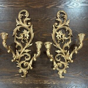 Hollywood-Regency Double-Arm Gold Wall Sconce, Wall Candleholder.